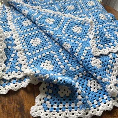 Vintage crochet granny square blanket blue white handmade throw 60x63