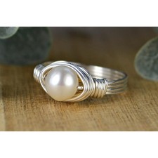 Freshwater Pearl Wrapped Ring - Sterling Silver Wire- Custom Size