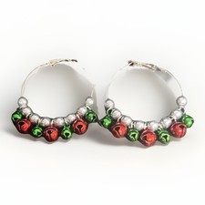 Christmas Jingle Bell Hoop Earrings Real Bells Silver Tone Red Green