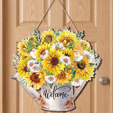 Summer Sunflower Welcome Sign for Front Door Wooden Summer Door Hanging Wreaths