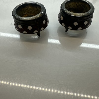 VTG 2 Hommet Russian USSR Melchior Enamel and Glass Insert Open Salt Cellars