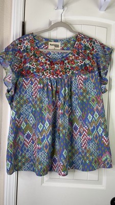Savanna Jane Shirt Womens 2X Blue Aztec Boho Embroidered Tunic Western NWOT