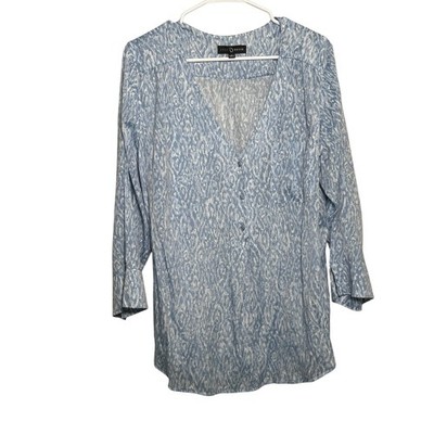 Fred David Blouse Women's XL Blue V-Neck Printed Lightweight Shirt Top Popover