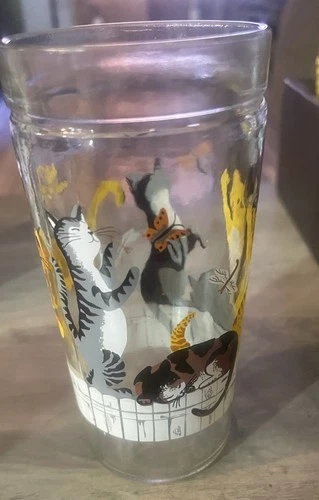 Vintage 80s Anchor Hocking Cats on a Fence Tumbler  Glass 16 oz 6'' Tall (12/29)
