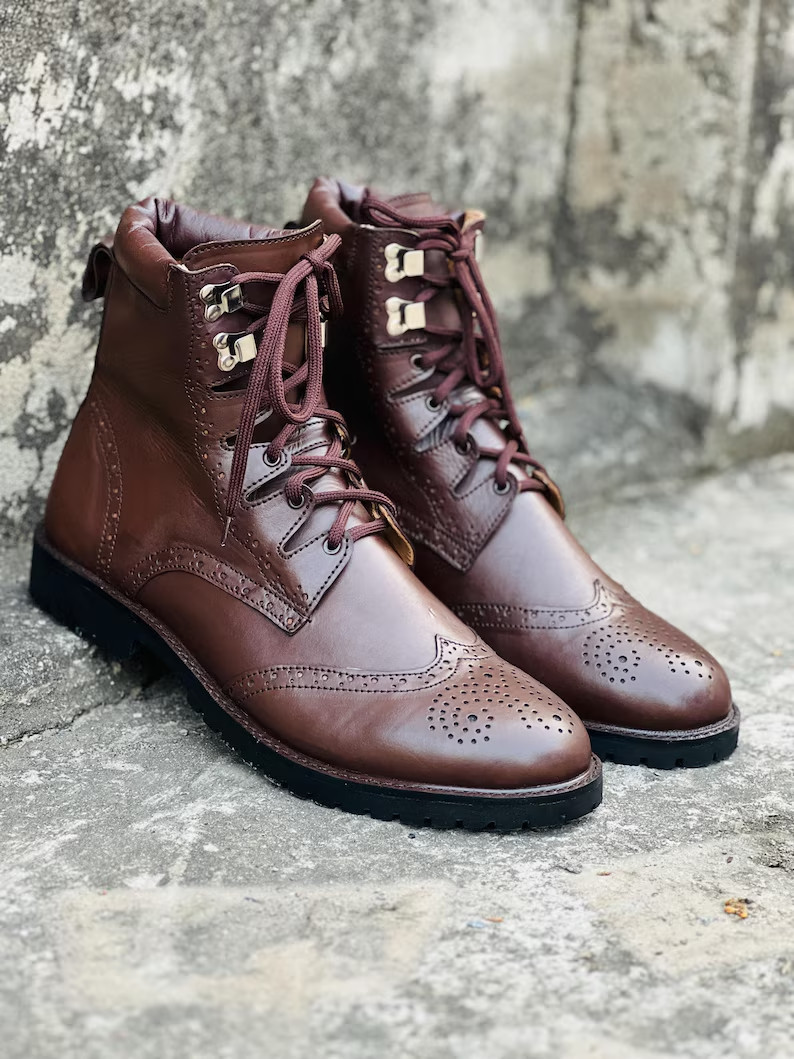 Men's Scottish Kilt Boots Genuine Leather Brown Ghillie Brogues Traditional image 3