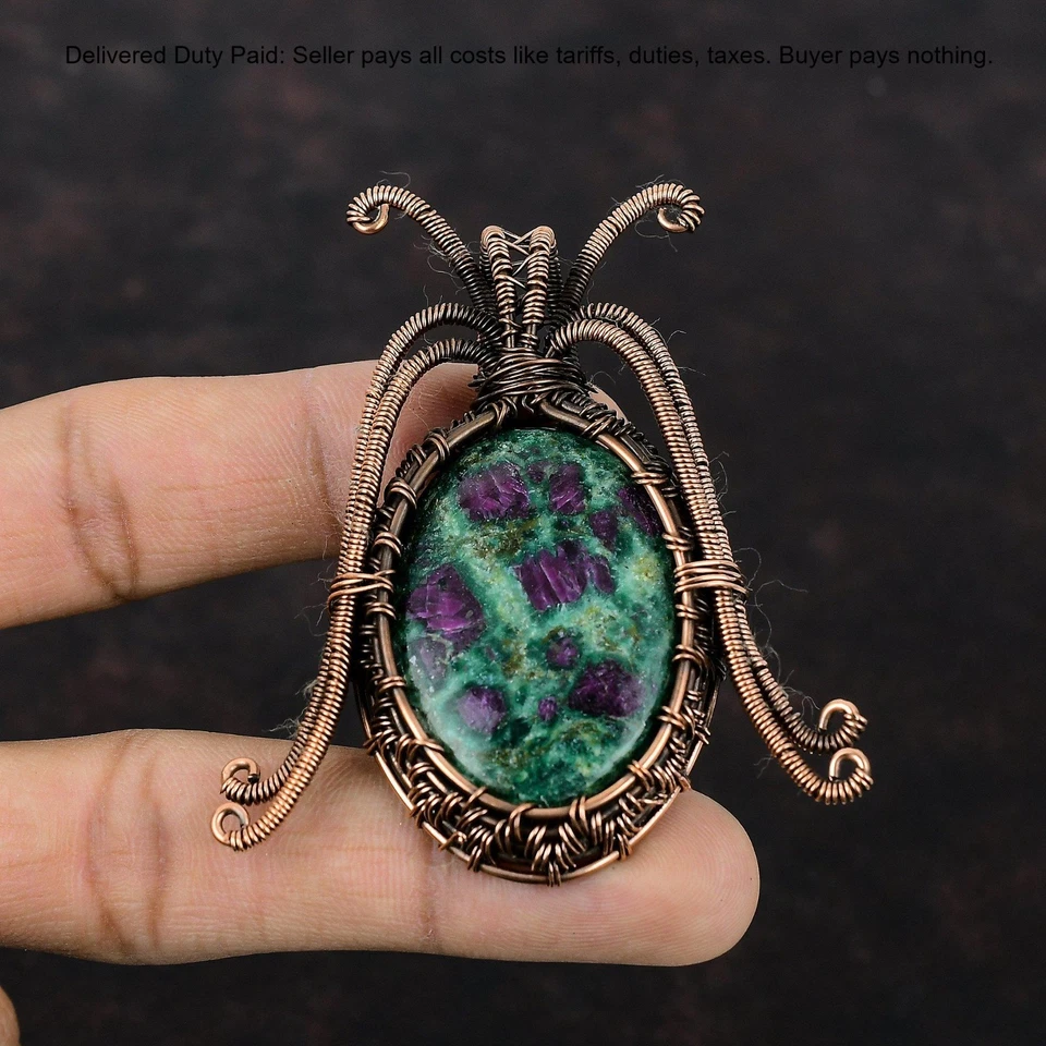 Oferta de Año Nuevo Ovalado Rubí Fucsita Piedras Preciosas Alambre Envuelto Boda Colgante Cobre Foto 4 de 4