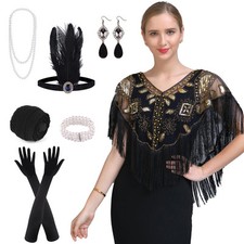 8 Pieces 1920s Flapper Accessories Set Sequin Shawl for Women Great Gatsby Co...