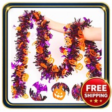 Halloween Tinsel Garland 33ft with Orange Pumpkin Purple Bat Ornaments
