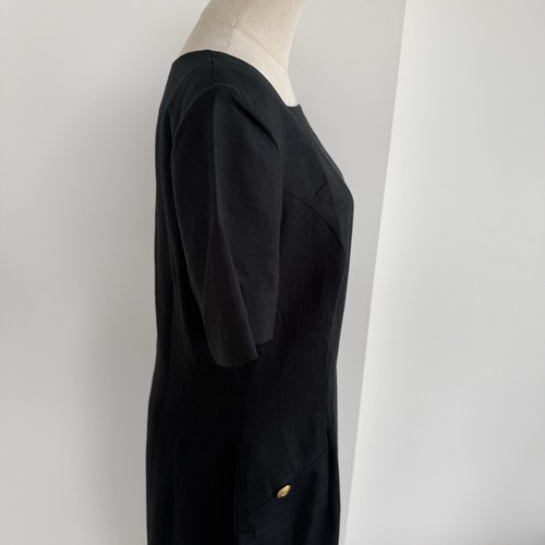 Anthea Crawford Dress Size 14/16 Black Midi Linen Blend Vintage Gold Buttons - Picture 4 of 16