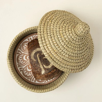 Traditional Bread Warming Set With Lid Rattan Basket Heating Stone Server New