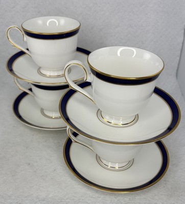 Lenox Federal Cobalt Gold Bone China Cup & Saucer Sets 3in Discontinued 4 Sets