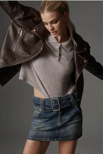 Anthropologie Pilcro Belted Denim Micro Skirt Blue Size 8 Med Wash New $108 Tag - Picture 2 of 10