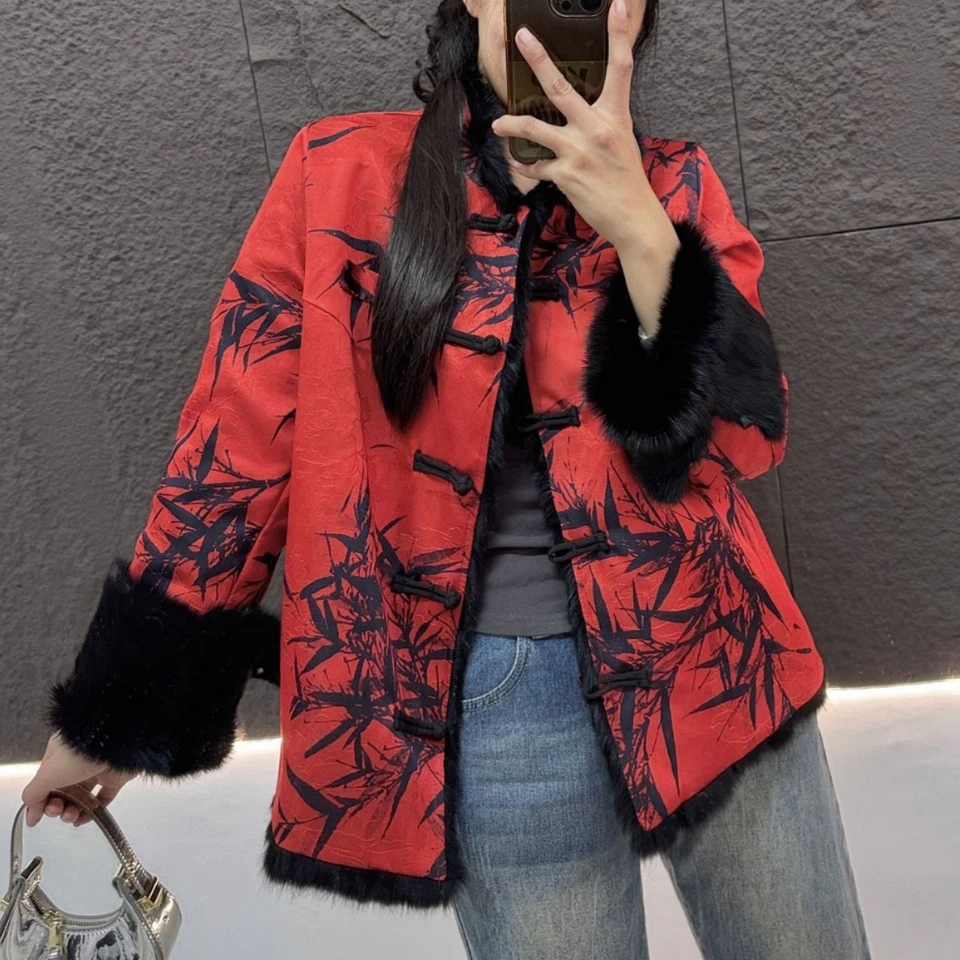 Abrigo de piel de conejo real reversible de doble cara estilo chino para mujer Foto 2 de 4