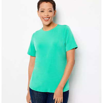 Susan Graver Top Womens 1X Liquid Knit Essentials Green Short Sleeve Blouse QVC