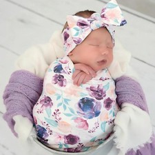 Newborn Baby Swaddle Sets with Headband and Beanie Purple Floral