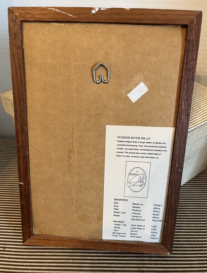 Hudson River Wood Inlay Marquetry Signed Nelson  W a Manatee  - 9.5 x 6.5 Framed