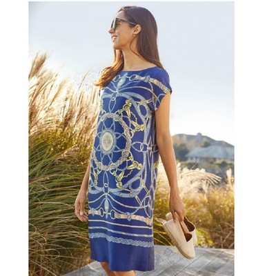 J McLaughlin Althea Tunic Dress Medium Navy Cornwall Blue Equestrian Scarf Print