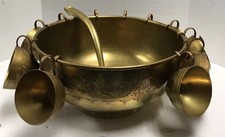 Vintage Brass Punch Bowl, Cups, Ladle Set Lot