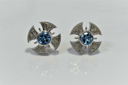Solid 935 Argentium Silver Round Cut Blue Topaz Men's Fantastic Unique Cufflinks - Picture 1 of 6