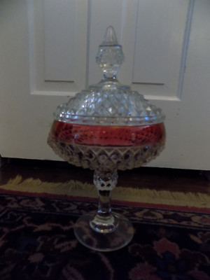 Vtg Indiana Cut Glass Clear To Raspberry Pedestal Candy Tall Dish Compote Lidded
