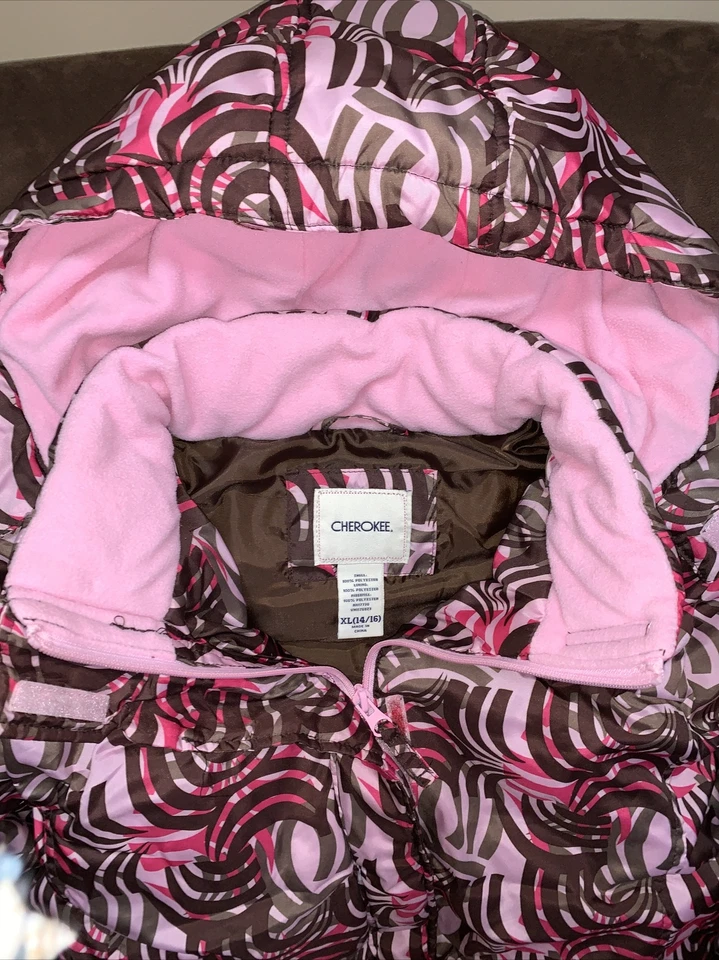 GIRLS PUFFER COAT SIZE 14/16 PINK/BROWN SWIRLS CHEROKEE SUPER CUTE!! - Image 2 of 3