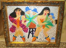 Nancy Sutherland "Dames + Darwin III"  Original Painting 2 Figures Boas & Heads
