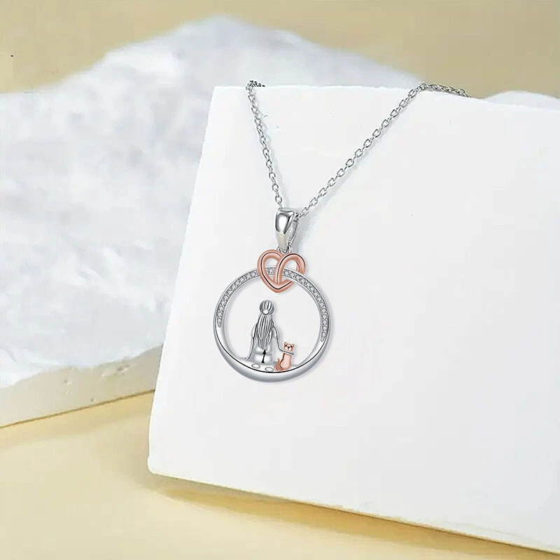European Women Girl and Rose Cat Pendant Necklace Chain CZ Jewelry Silver Plated - Image 4 of 4