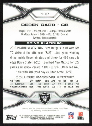 2014 Topps Platinum Rookie Refractor #102 Derek Carr Oakland Raiders - Picture 2 of 2