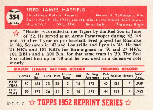 1983 Topps Baseball 1952 Reprint Series Fred Hatfield Detroit Tigers #354 - Picture 2 of 2