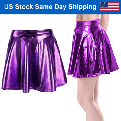 Girls Metallic Pleated Skirt Mini Flared Skater Skirt School Dance Scooter Skort