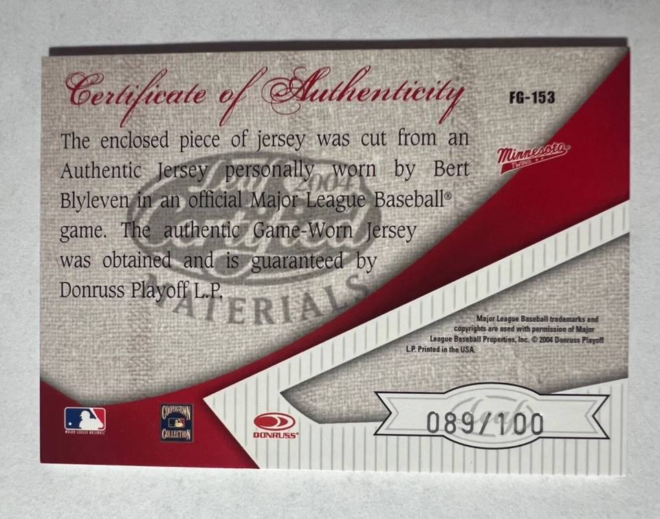 2004 Certified Materials Fabric of Game Position #153 Bert Blyleven #'d 89/100 - Image 2 of 2