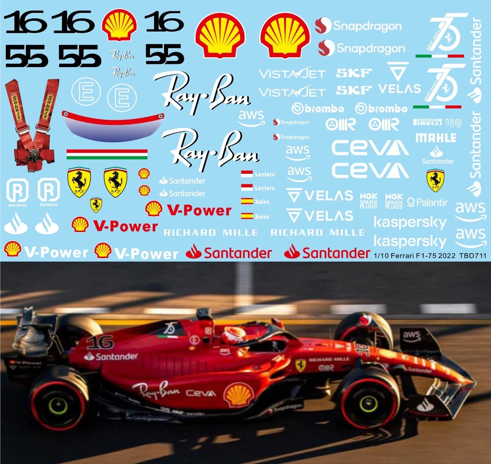 1/10 Decals für Ferrari F1-75 2022 F1 RC Karosserie Leclerc Sainz TB Decal TBD711
