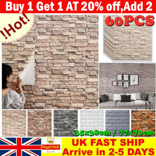 60PCS Large 3D Tile Brick Wall Sticker Soft Selfadhesive Waterproof