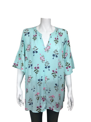 Woman Within Sz M 14/16 Mint Green Floral Prt Flutter Slv Split Neck Tunic Top