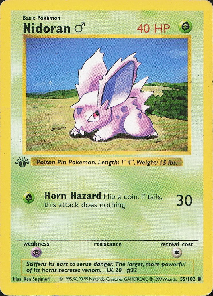 1st Edition Nidoran Male - 55/102 Base Set Played - Pokemon Card