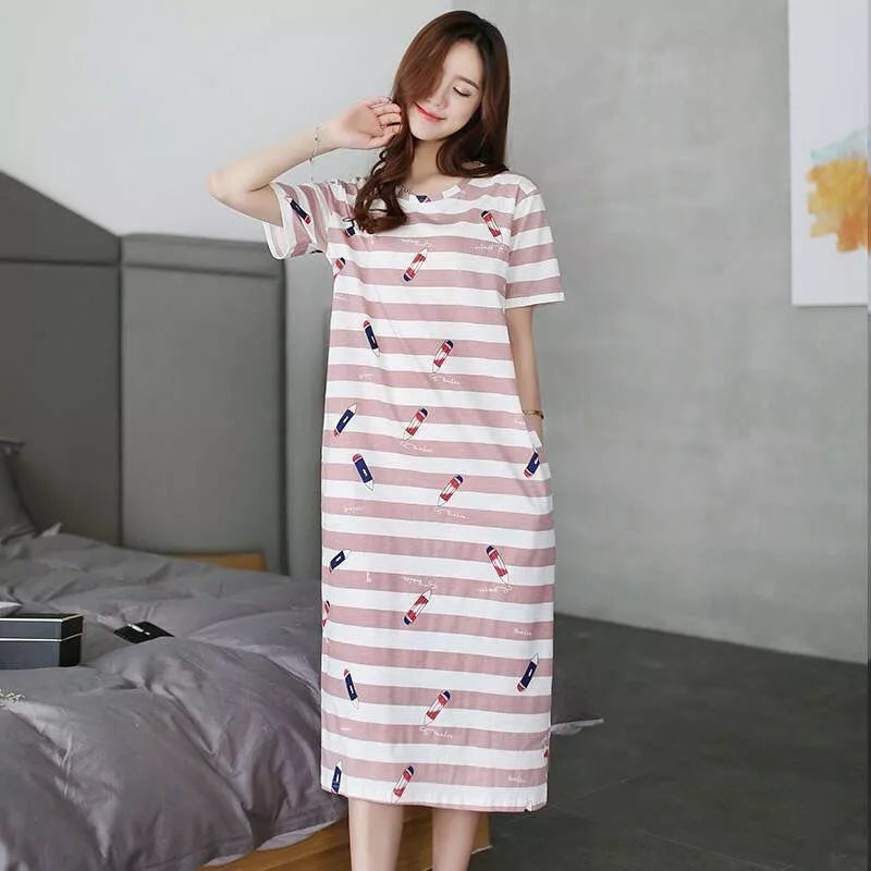 Women Sleep Shirt Dress Cotton Short Sleeve Nightgown Cartoon Sleepwear  Homewear 