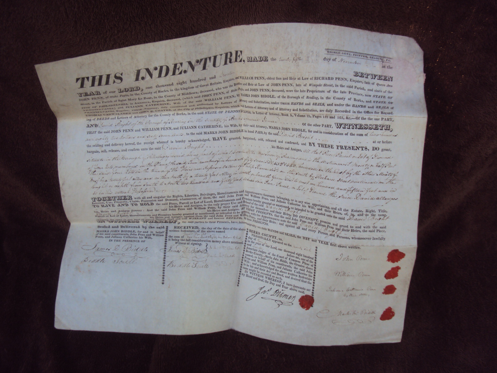 Vellum Deed Reading Berks PA Penn Family to David Bright 1818 Marks