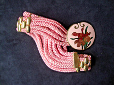 VINTAGE 1970 CLOISONNE LARGE MULTI COLOR IRIS PINK BUCKLE W/ 4 STRAND ROPE BELT