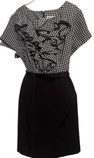 SHELBY & PALMER Blouson Dress Bodice 18W Houndstooth Print Cascade  Ruffle Neck.