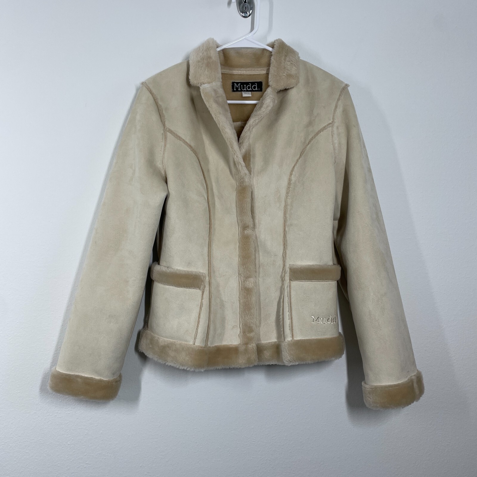Vintage Y2K Mudd Beige Sherpa Lined Snap Button Coat Women M Bratz Style