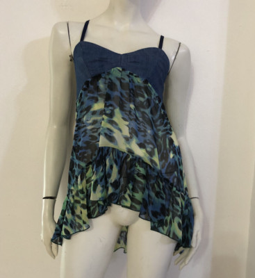 DENNY ROSE Top Jeans Denim blau grün Fleckmuster Leopard Gr. S