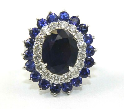Natural Oval Blue Sapphire & Diamond Halo Solitaire Ring 14k White Gold 9.35Ct