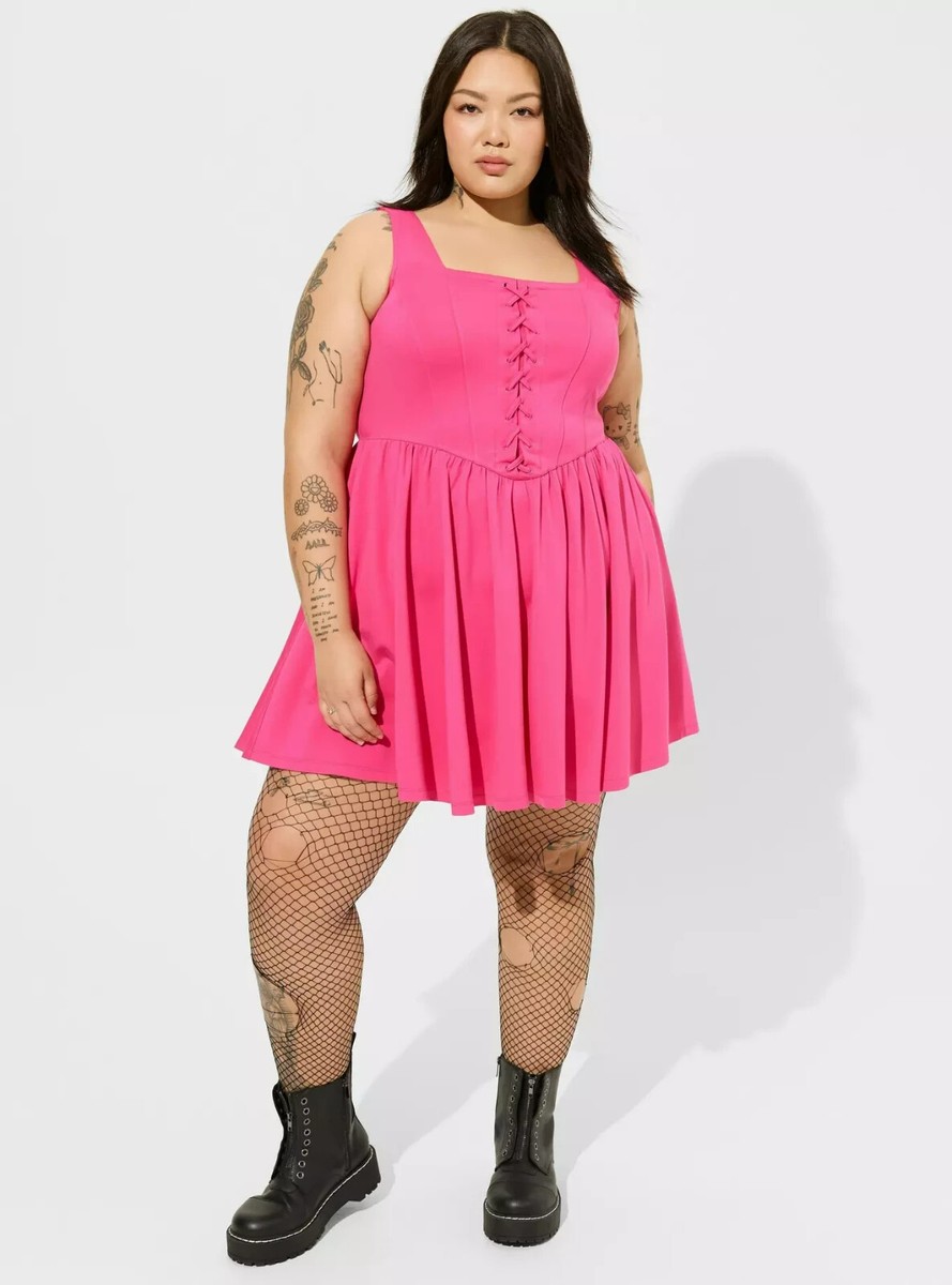 Torrid Plus Size 3X Betsey Johnson Hot Pink Ponte Lace-Up Skater Mini Dress