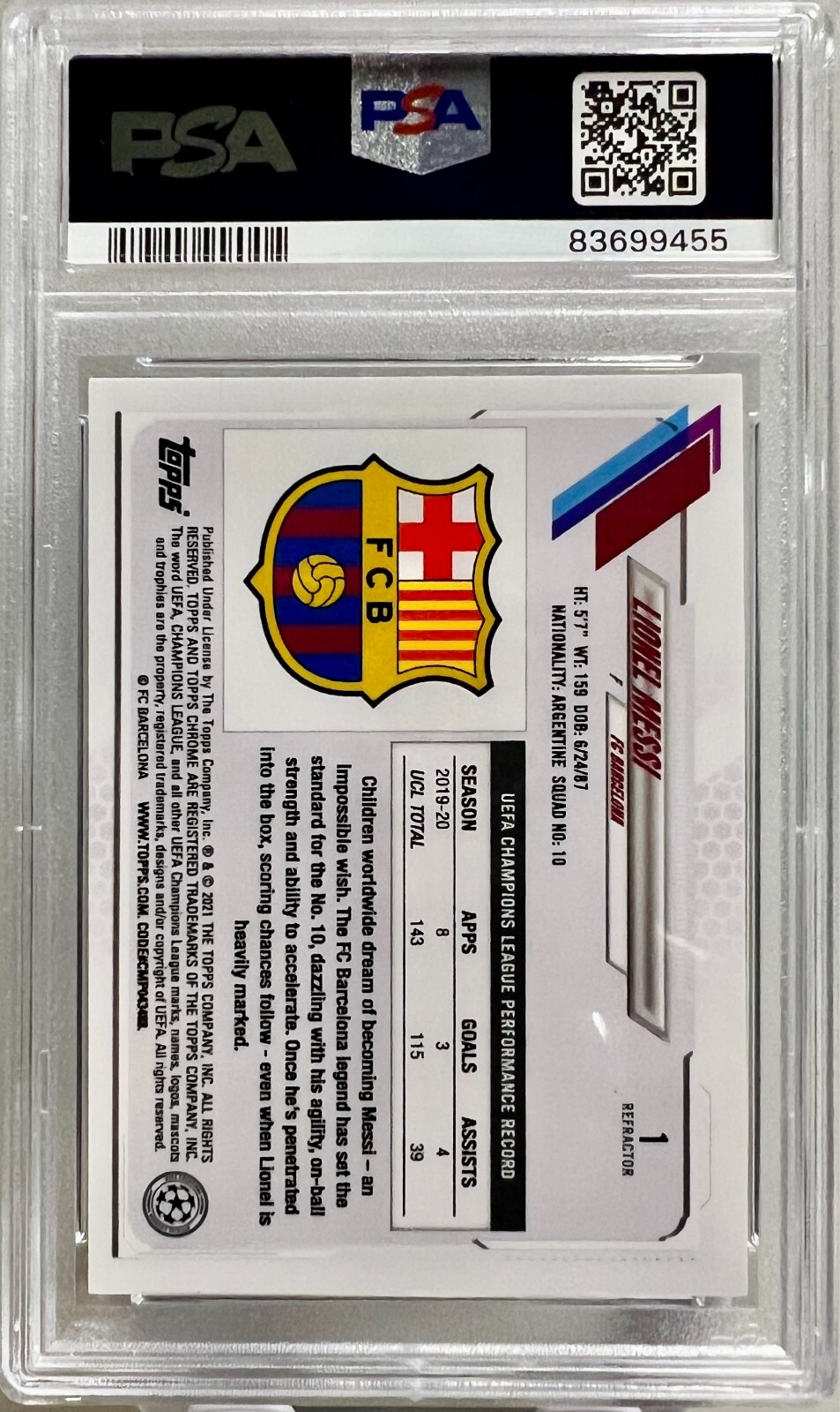 2020 Topps Chrome Refractor UCL Signed Lionel Messi FC Barcelona #1 PSA/DNA view 3