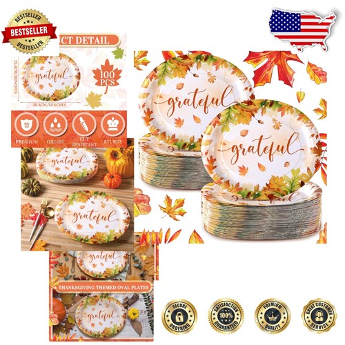 100 Pcs Fall Leaves Disposable Oval Plates - 10'' x 12'' Autumn Dinnerware