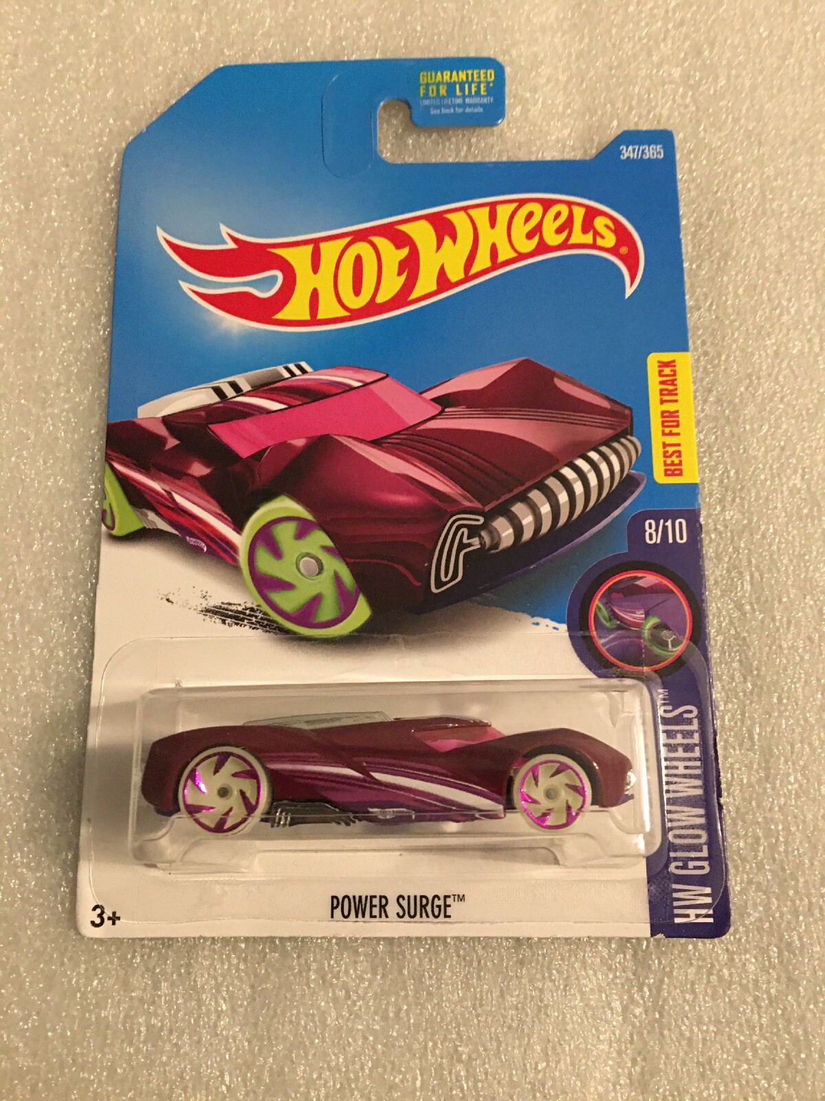 2017 Hot Wheels #347 HW Glow Wheels 8/10 POWER SURGE Drk Red wGlowWhls B29