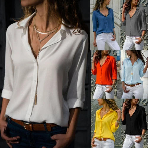 Women's Chiffon Long Sleeve Button Down Shirt Blouse V Neck Tops S-5XL - Picture 1 of 20