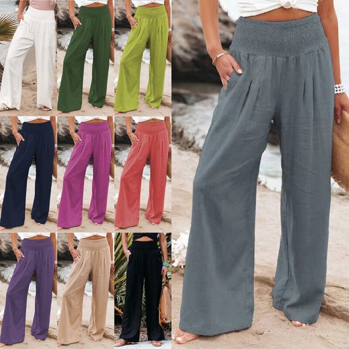 Women Baggy Waist Palazzo Loose Long Pants Ladies Cotton Linen Wide Leg  Trouser | eBay