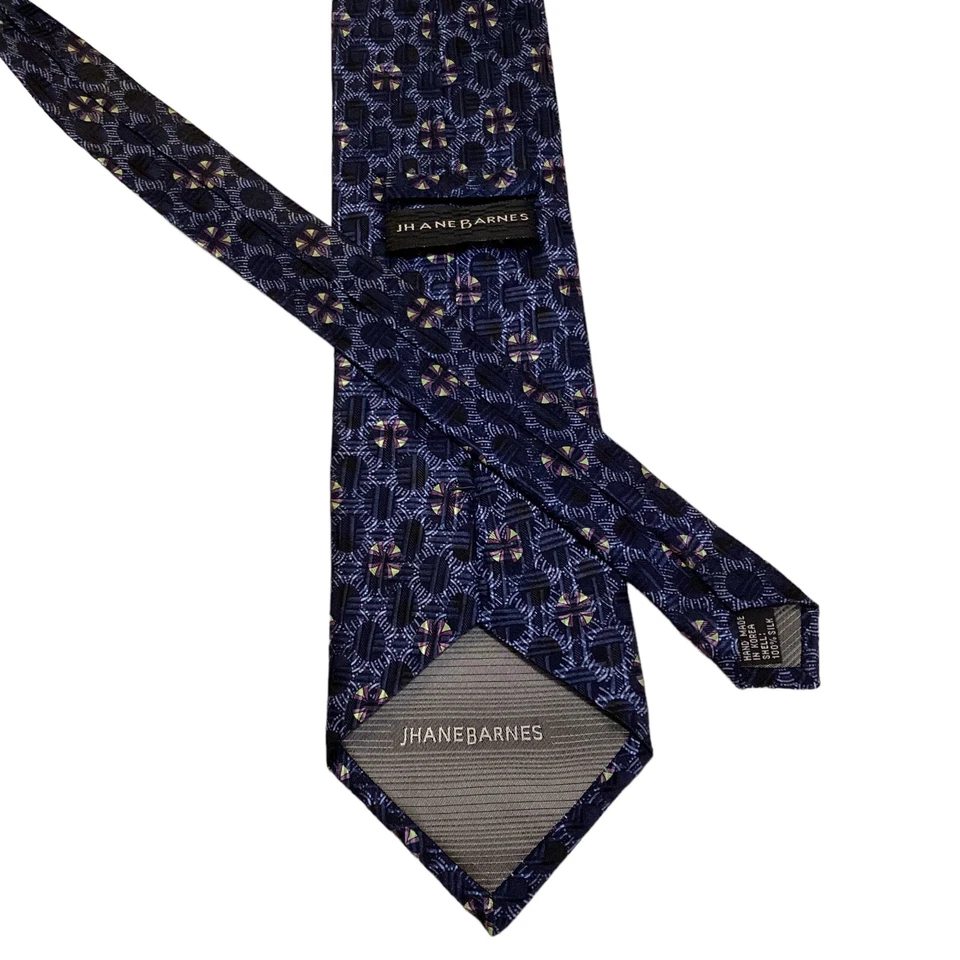 Corbata de diseñador JHANE BARNES 100 % seda azul geométrico/púrpura/verde usada en excelente estado Foto 3 de 3