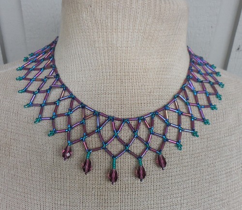 Netted Weave Adjustable Beaded Choker Necklace in Purple, Blue, Teal Green - Picture 3 of 7